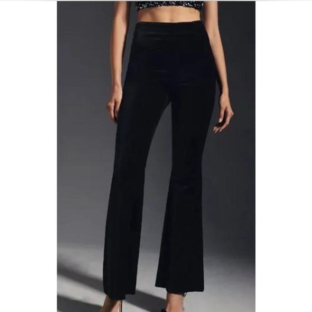 NEW Anthro Black Flare Velvet Side Zip High Rise Cotton Blend Trousers Size 12